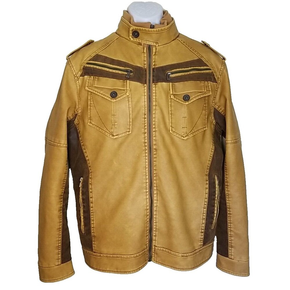 David Outerwear Brown Bomber Jacket Faux Leather L Pockets faux fur lined Men's